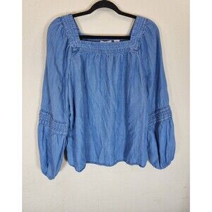LC Lauren Conrad Top Medium Chambray Blue Tencel Square Neck Puff Sleeve Boho